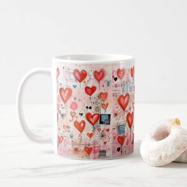 Red Hearts Whimsical Kärlek Mönster Kaffemugg (Med munk)