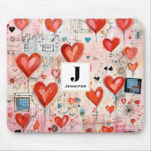 Red Hearts Whimsical Kärlek Mönster Monogram Musmatta