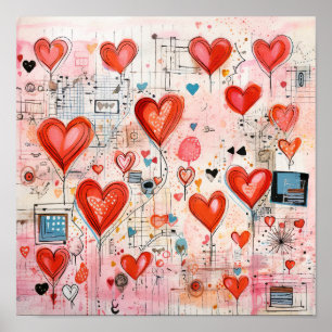 Red Hearts Whimsical Kärlek Mönster Poster
