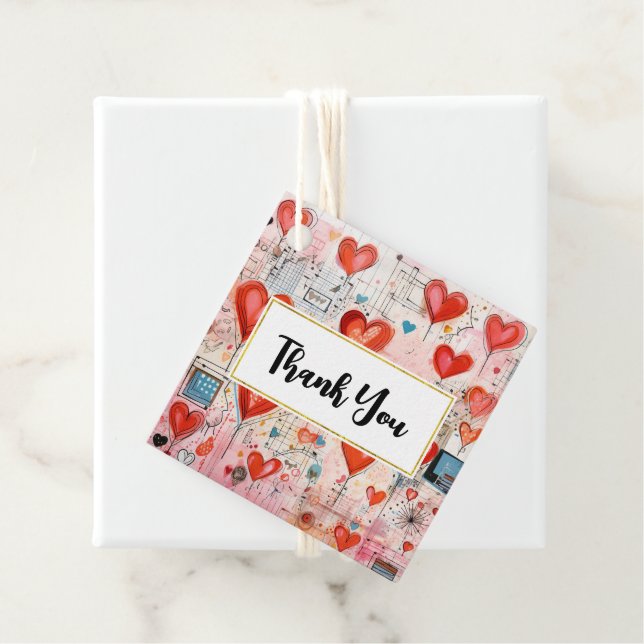 Red Hearts Whimsical Kärlek Mönster Tack Gåvor Etiketter (På plats)