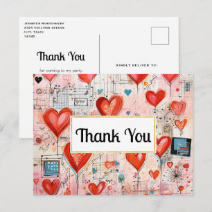 Red Hearts Whimsical Kärlek Mönster Tack Vykort