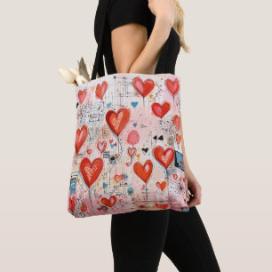 Red Hearts Whimsical Kärlek Mönster Tygkasse