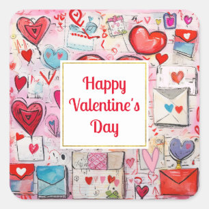 Red Hearts Whimsical Kärlek Mönster Valentine Day Fyrkantigt Klistermärke
