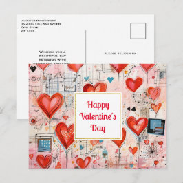 Red Hearts Whimsical Kärlek Mönster Valentine Day Helg Vykort