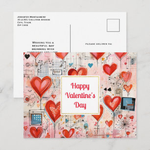 Red Hearts Whimsical Kärlek Mönster Valentine Day Helg Vykort