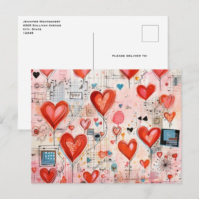 Red Hearts Whimsical Kärlek Mönster Vykort (Fram/baksida)