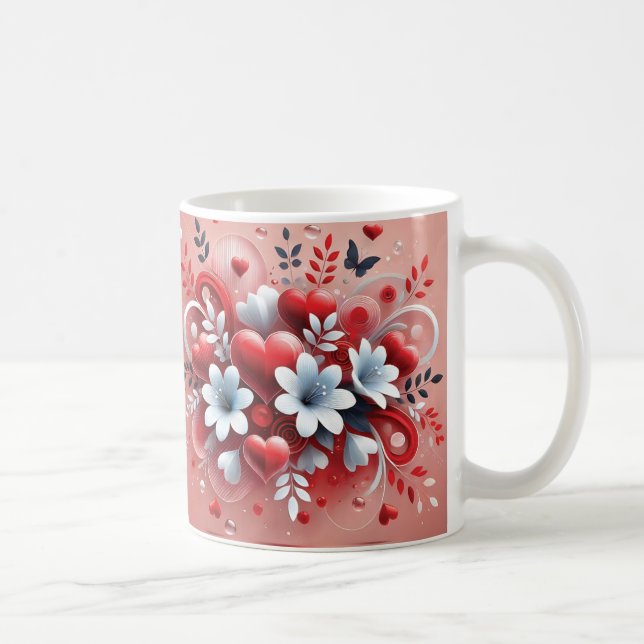 Red Hearts White Flowers Butterfly Valentine Day Kaffemugg (Höger)
