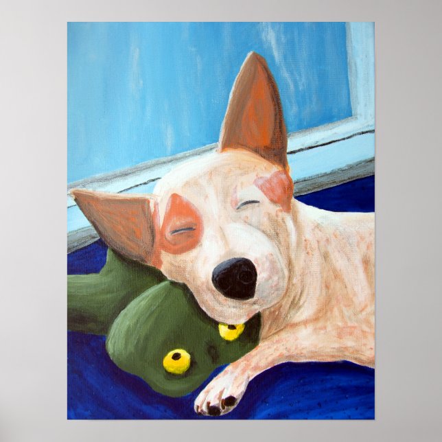 Red Heeler Cuddling Frog Painting Poster (Framsidan)
