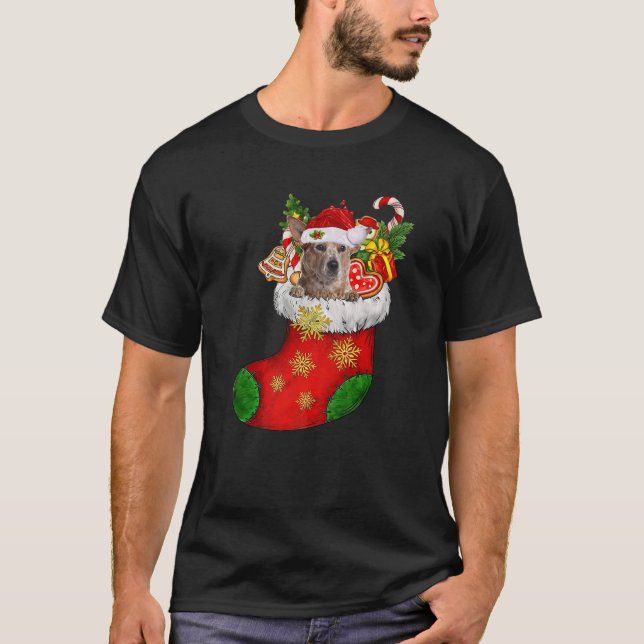 RED Heeler in Sock Santa Hat Julafton Hund Lo T Shirt (Framsida)