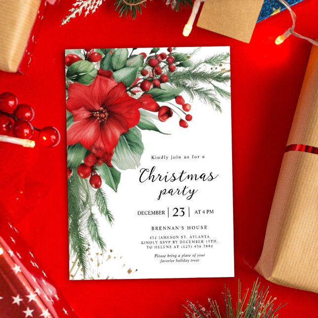 Red Helgdag Botanical jul Party Inbjudningar (Red Holiday Botanical Christmas Party Invitation)