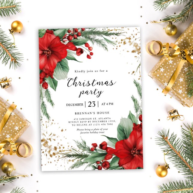 Red Helgdag Greenery jul Party Inbjudningar (Red Holiday Greenery Christmas Party Invitation)