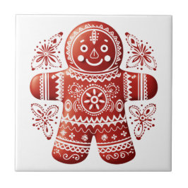 Red Helgdag Pepparkaksgubbe Scandinavian FolArt Kakelplatta