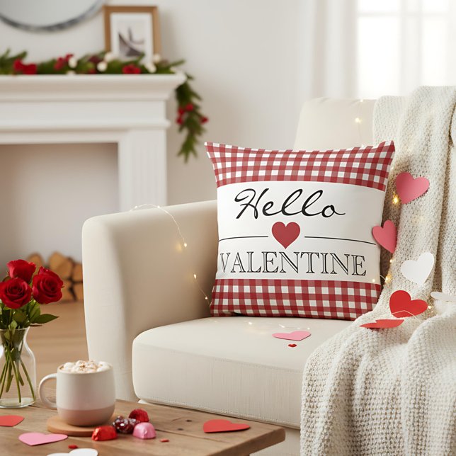Red Hello Valentine Plaid Gingham Kudde (Skapare uppladdad)