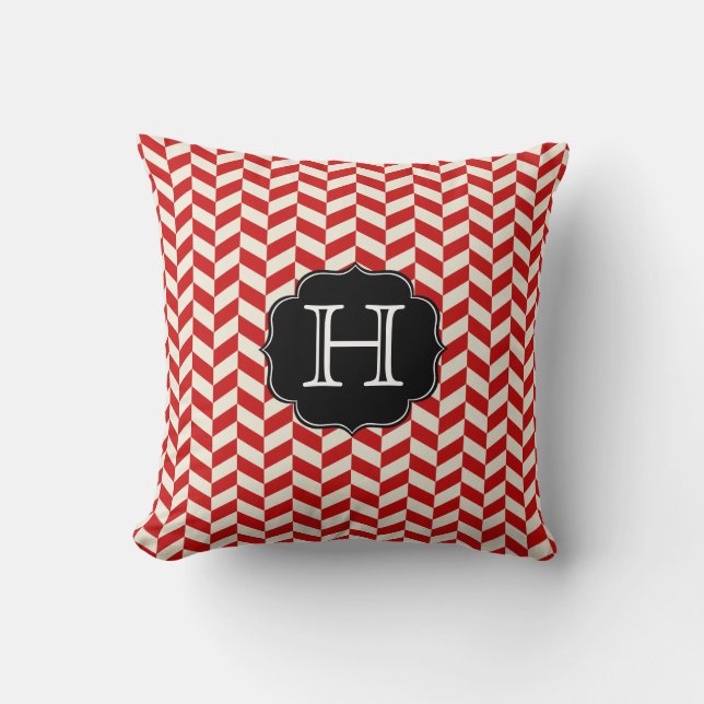 Red Herringbone Chevron Mönster med Monogram Kudde (Framsida)
