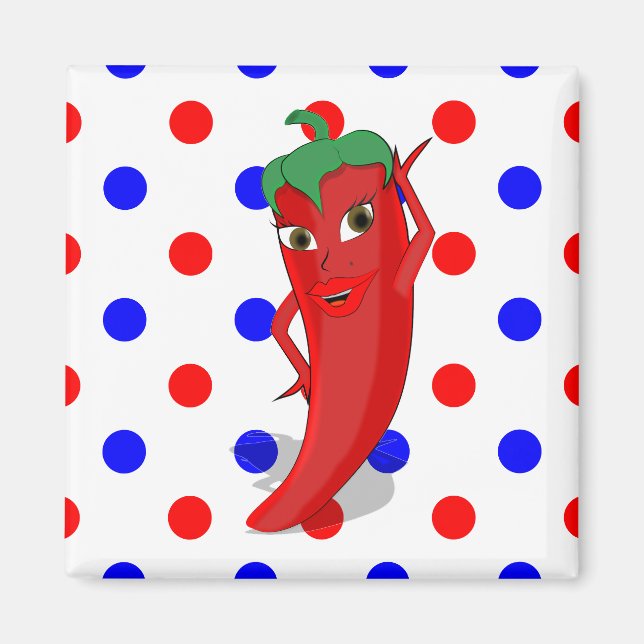 Red Hett Pepper Diva Red Blue Polka dots Magnet (Framsidan)