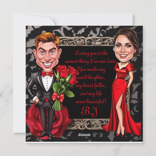 Red Hett Valentine Caricature Älskare Julkort (Baksida)