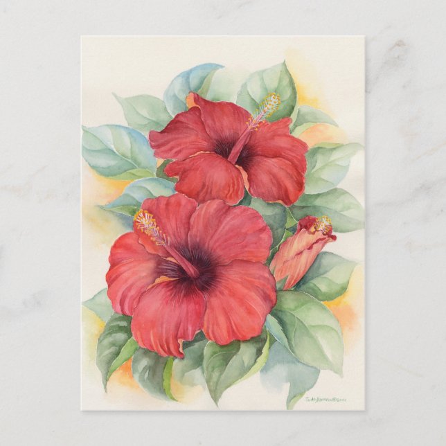 Red Hibiscus Blommigt Tropical Watercolor Art Vykort (Framsida)