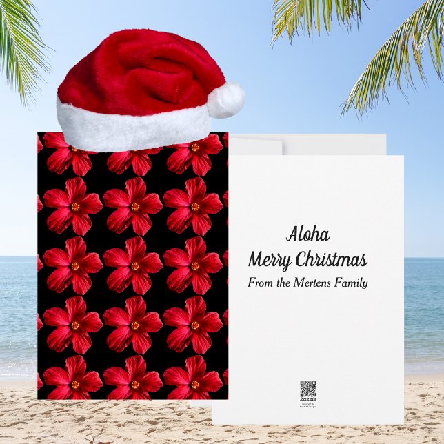 Red Hibiscus Flower Tropical Jul Mönster Julkort (Red Hibiscus Flower Pattern Tropical Christmas Holiday Card)