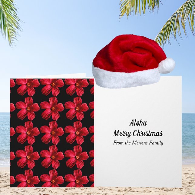 Red Hibiscus Flower Tropical Jul Mönster Kort (Red Hibiscus Flower Pattern Tropical Christmas Card)