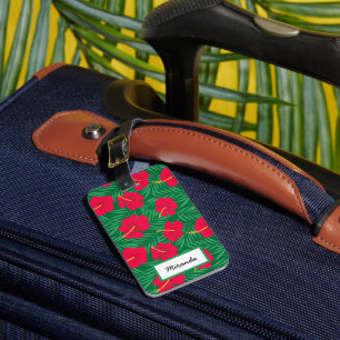 Red Hibiscus Flowers on Tropical Löv Anpassningsba Bagagebricka