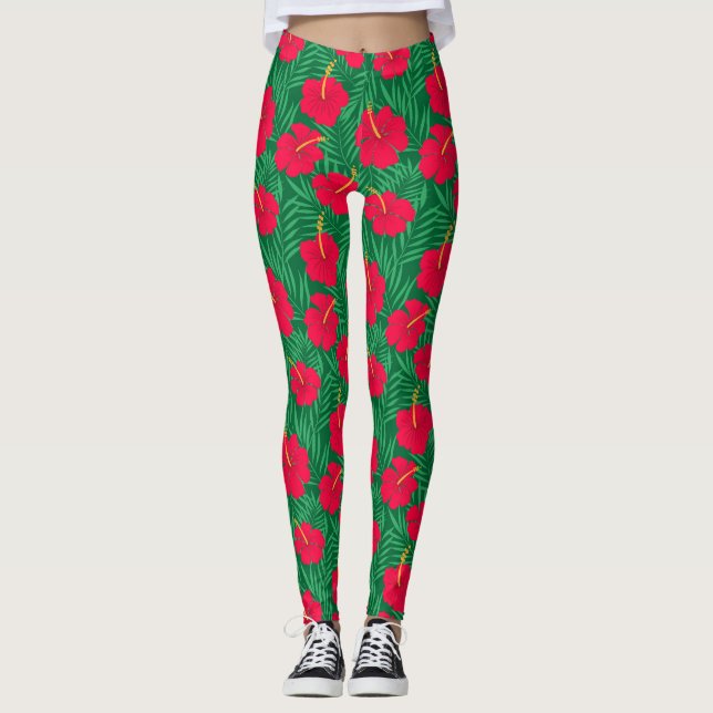 Red Hibiscus Flowers på Grönt Tropical Löv Leggings (Framsida)