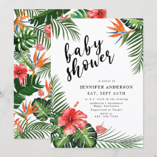 Red Hibiscus Handflatan Löv Tropical Baby Shower Inbjudningar