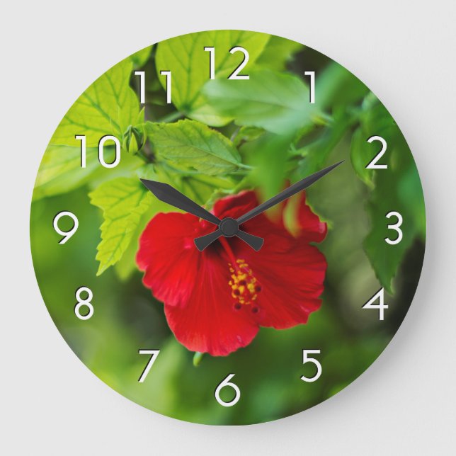 Red Hibiscus Hawaii Tropical Flower Stor Klocka (Framsida)