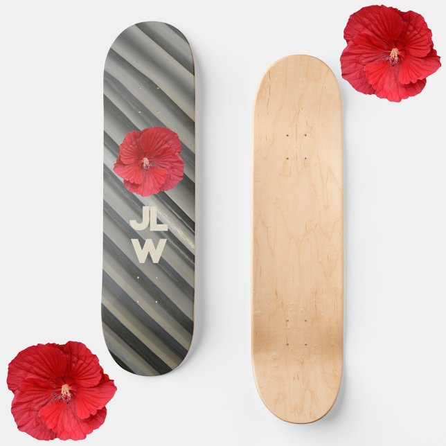 Red Hibiscus Modern Smokey Grått Rand Mini Skateboard Bräda 18,5 Cm (Skapare uppladdad)