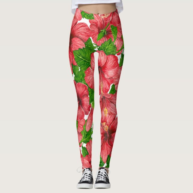 Red hibiscus mönster II Leggings (Framsida)