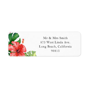 Red Hibiscus Monstera Tropical Returadress Etikett