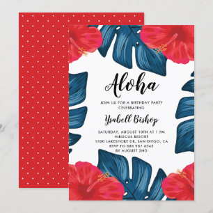 Red Hibiscus och Split Löv Tropical Birthday Inbjudningar