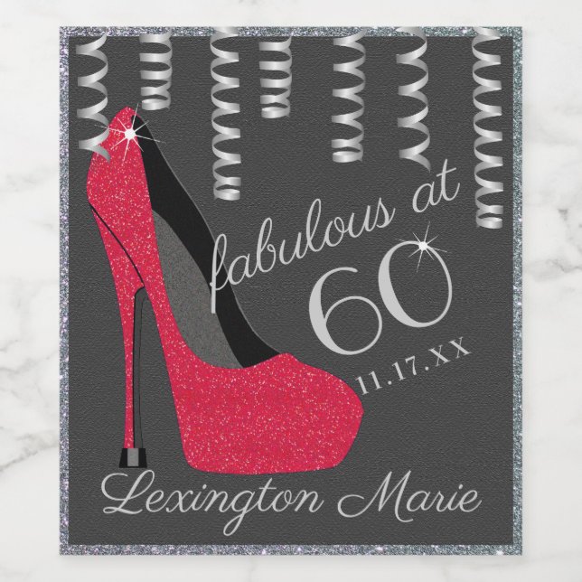 Red High Heel 60:e Födelsedagsfesten Sparkling Vin Vinflaska Etikett (Singel etikett)