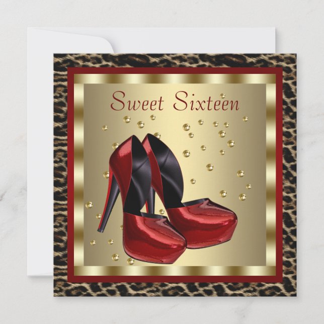 Red High Heel Shoes Leopard Sweet sixteen Birthday Inbjudningar (Framsida)