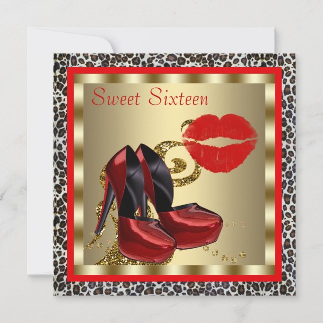 Red High Heel Shoes Leopard Sweet sixteen Birthday Inbjudningar (Framsida)