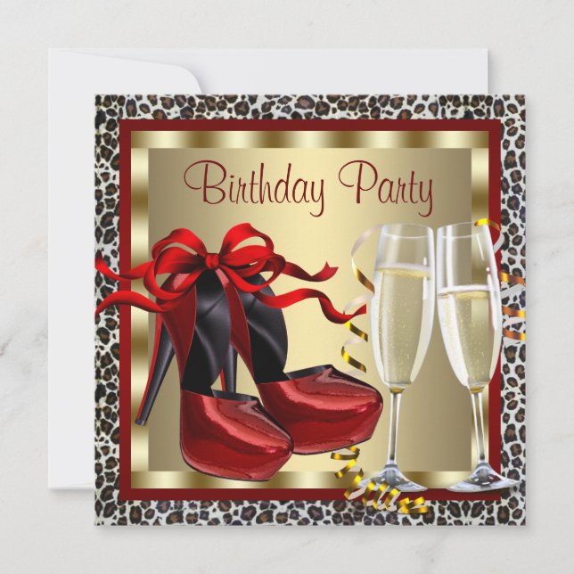 Red High Heel Shoes Red Leopard Birthday Inbjudningar (Framsida)