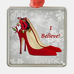 Red High Heel Shoes / Santa Elf / Jag tror! Julgransprydnad Metall