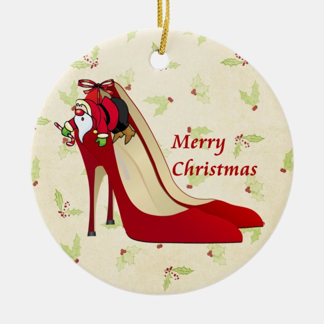 Red High Heel Shoes/Santa Elf Julgransprydnad Keramik (Framsidan)