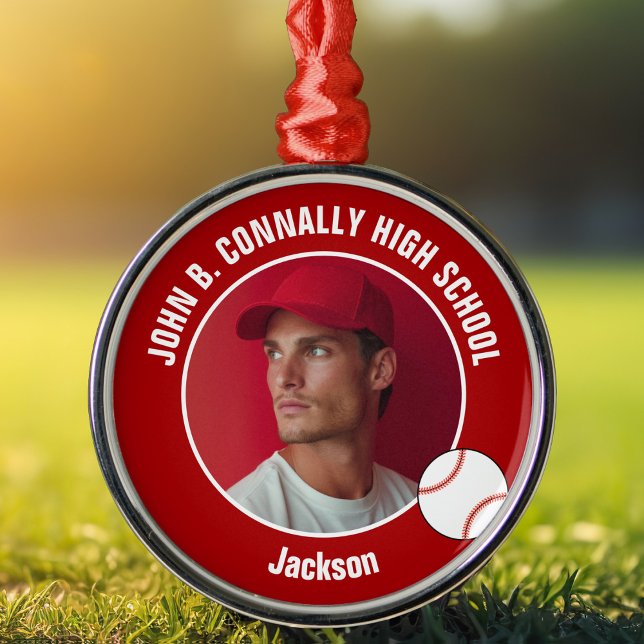 Red High School Baseball Player Photo Christmas Julgransprydnad Metall (Skapare uppladdad)