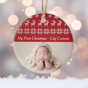 Red Hjort Träd Mönster Baby 1: Julfoto Julgransprydnad Keramik