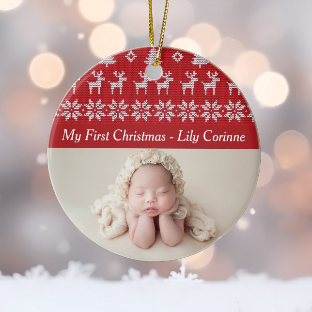 Red Hjort Träd Mönster Baby 1: Julfoto Julgransprydnad Keramik (Skapare uppladdad)