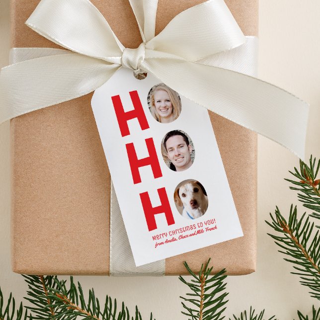 Red Ho Ho Ho Three Photo Helgdag Presentetikett (three photo funny Santa's Ho Ho Ho Christmas personalized gift tag)