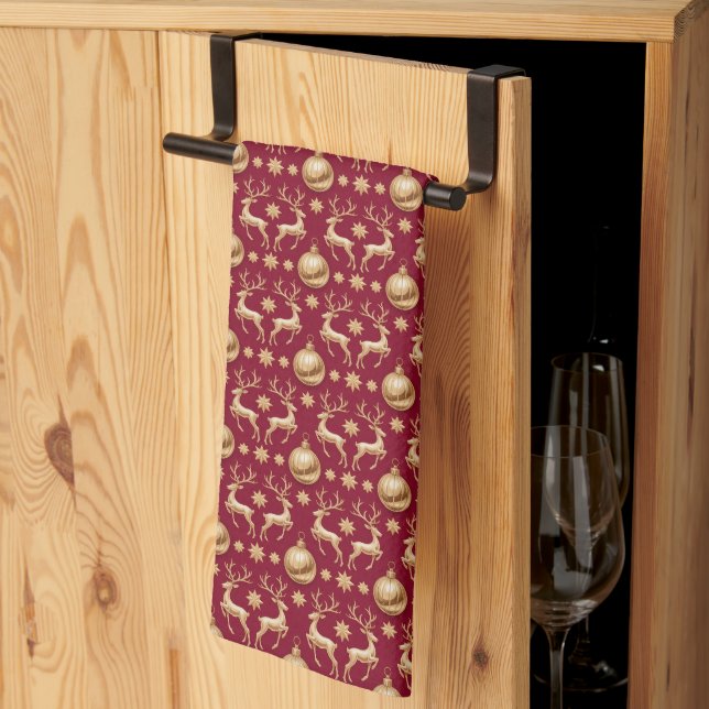 Red Holiday Kitchen Towels with Golden Reindeer Kökshandduk (Thirds Fold)