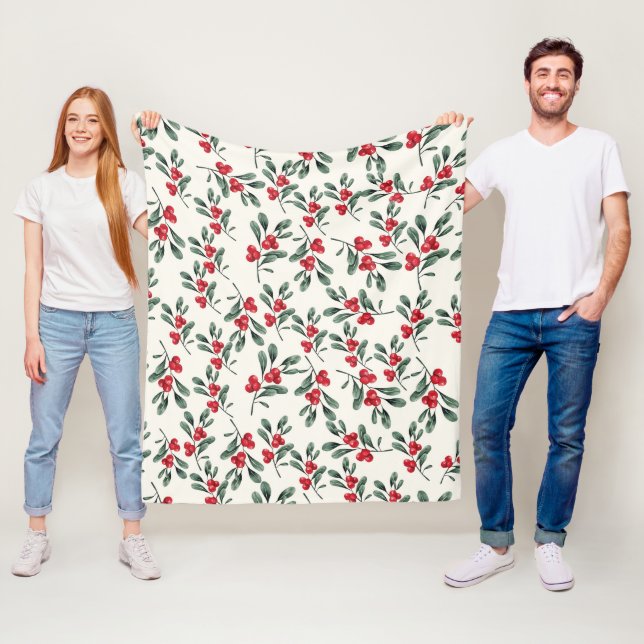 Red Holly-bär Grönt mistletoe löv Fleecefilt (På plats)
