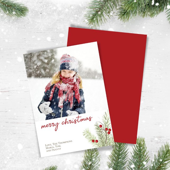 Red Holly Berries God jul One Photo Julkort (Merry Christmas photo card with red and green greenery design.)