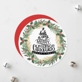 Red Holly Berries Roligt Script Greenery jul Julkort
