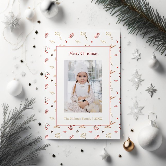 Red Holly Berry Holiday Greetings Card Julkort (Red Mistletoe and custom photo Christmas card sorrounded by white and silver Christmas ornaments)