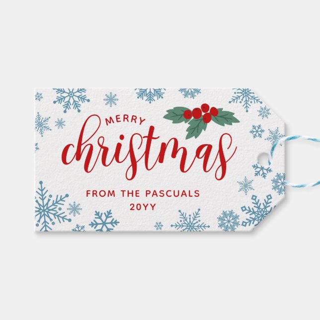 Red Holly Blue Snöflingor God jul från Presentetikett (Framsidan (Horisontell))