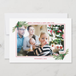 Red Holly Bouquet God jul Family Photo Julkort