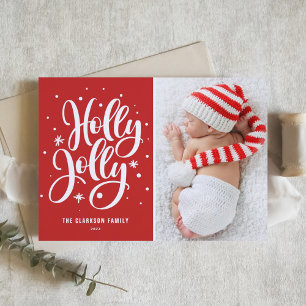 Red Holly Jolly Hand Lettering Baby Photo Helgkort