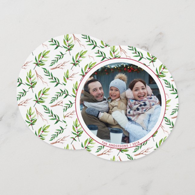 Red Holly Lämnar julfamiljen Photo Helgdag Inbjudningar (Fram/baksida)